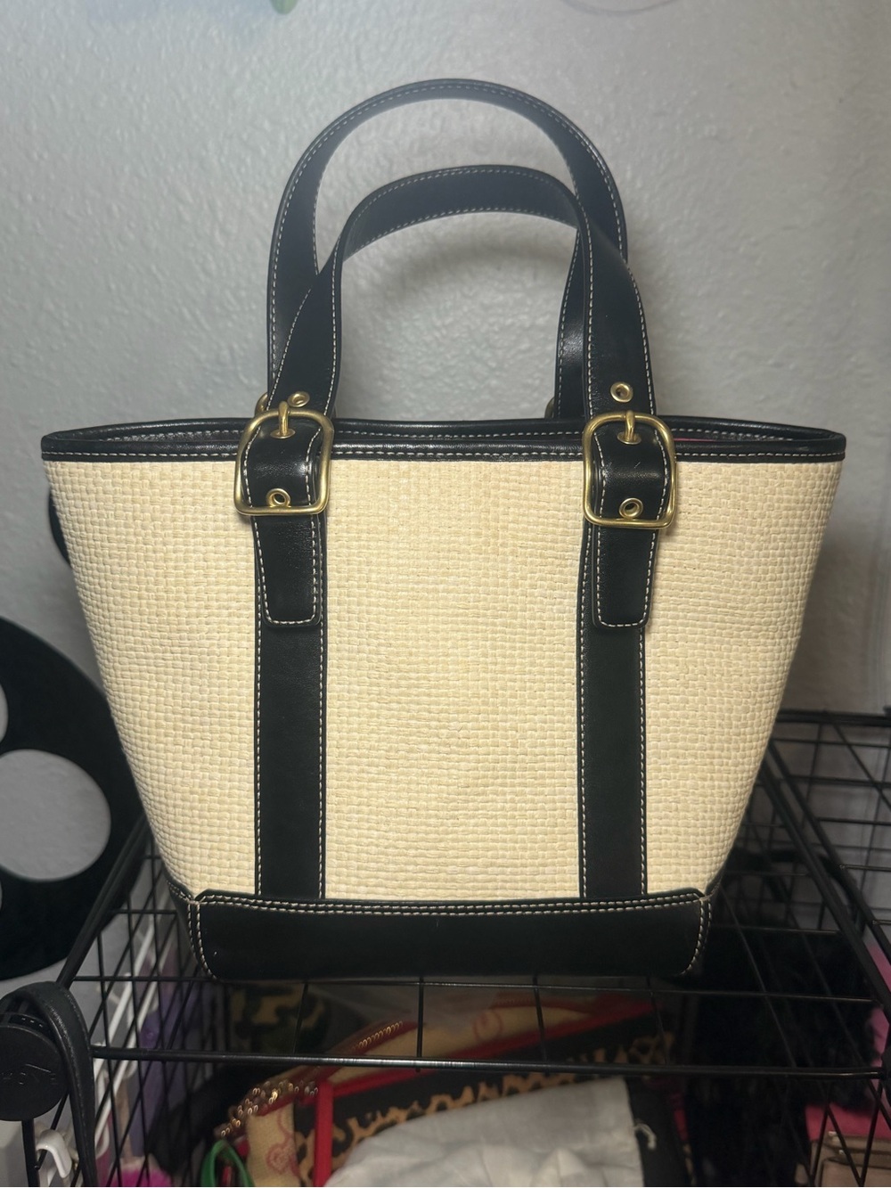 Vintage 2003 Coach Straw Basket Tote Bag Black Leather Trim Pink Lining B3K-8909 - Picture 5 of 8